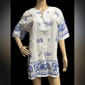 Whimsical Elephants 100% Cotton Split Neck PullOver Tunic By DA Collection Sz L